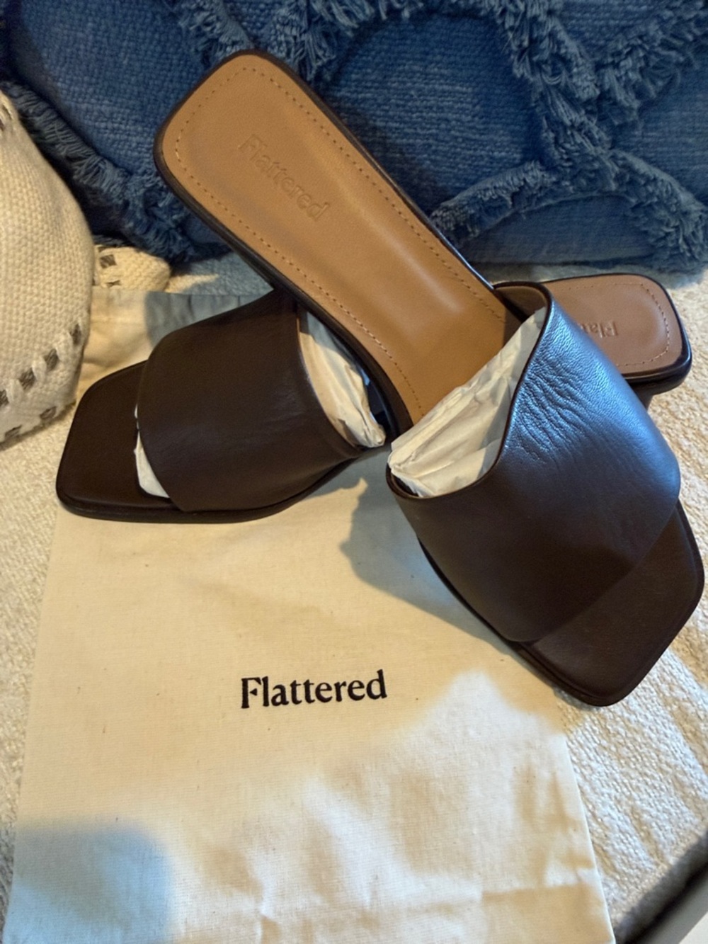 Flattered Brown Leather Square-Toe Slide Mules new in box